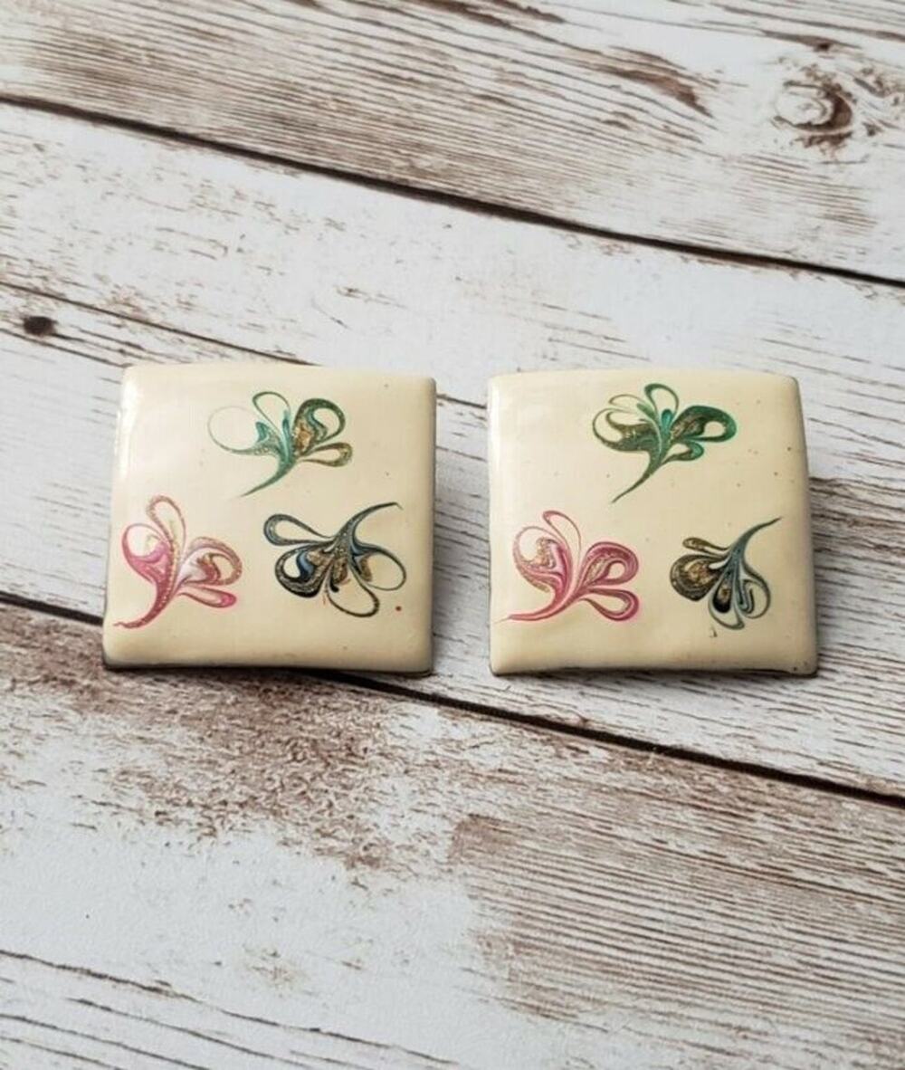 Vintage Clip On Earrings - Cream Square with Multi Color Design 1 & 1/8"